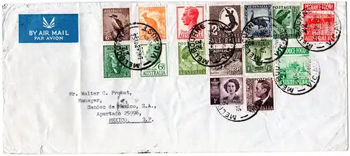 Australien 1953,15 Marken auf Luftpost Brief v. Melbourne n. Mexiko