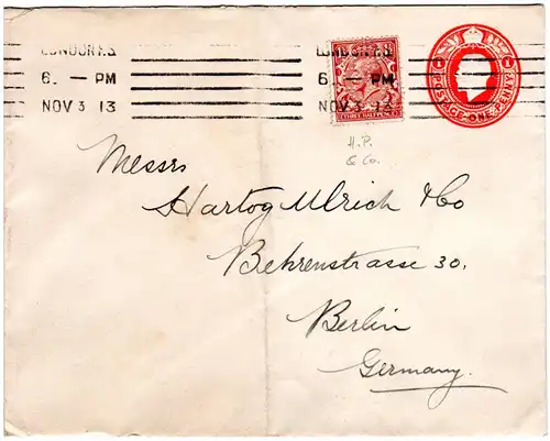 GB 1913, 1 1/2d m. perfin auf 1d Ganzsache Brief v. London n. Deutschland