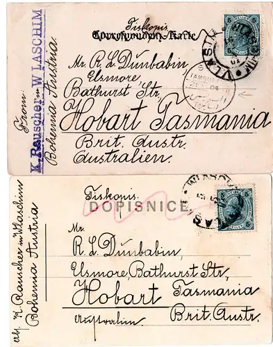 Österreich 1904, 2 als Drucksachen gebr. AK m. 5 H. v. WLASCHIM n. Tasmanien!