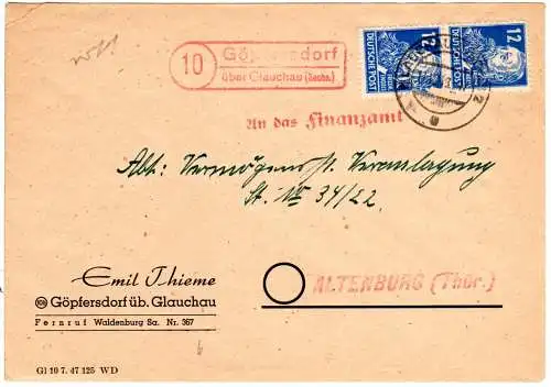 DDR 1948, roter Landpost Stpl. GÖPFERSDORF über Glauchau auf Brief m. 2x12 Pf.