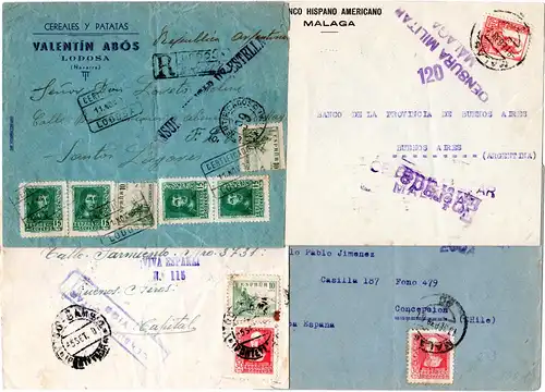 Spanien 1938/39, 4 Zensur Briefe n. Südamerika m. versch. Frankaturen. 1x Reko
