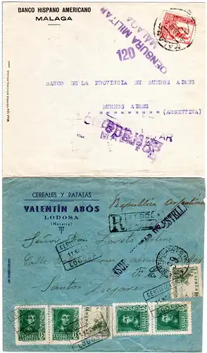 Spanien 1938/39, 4 Zensur Briefe n. Südamerika m. versch. Frankaturen. 1x Reko