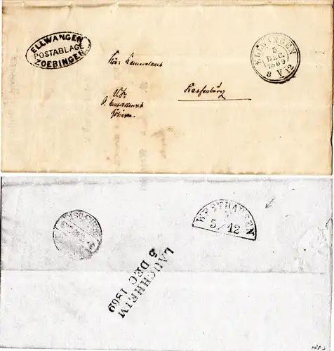 Württemberg 1869, Postablage Zoebingen u. innen K3 Lauchheim auf Wende Brief 