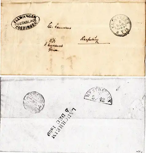 Württemberg 1869, Postablage Zoebingen u. innen K3 Lauchheim auf Wende Brief