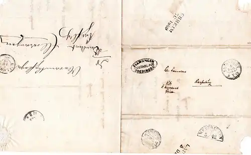 Württemberg 1869, Postablage Zoebingen u. innen K3 Lauchheim auf Wende Brief 