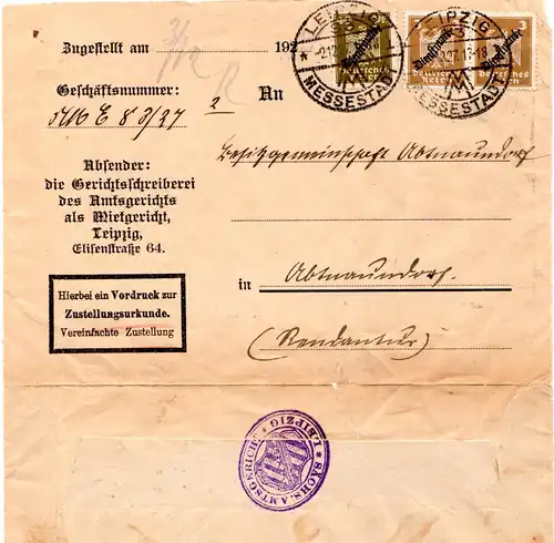 DR 1927, 40+2x3 Pf. Dienst auf Zustellungsurkunde Orts-Brief Leipzig-Abtnaundorf