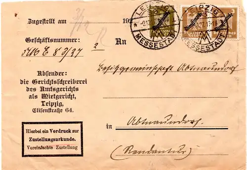 DR 1927, 40+2x3 Pf. Dienst auf Zustellungsurkunde Orts-Brief Leipzig-Abtnaundorf