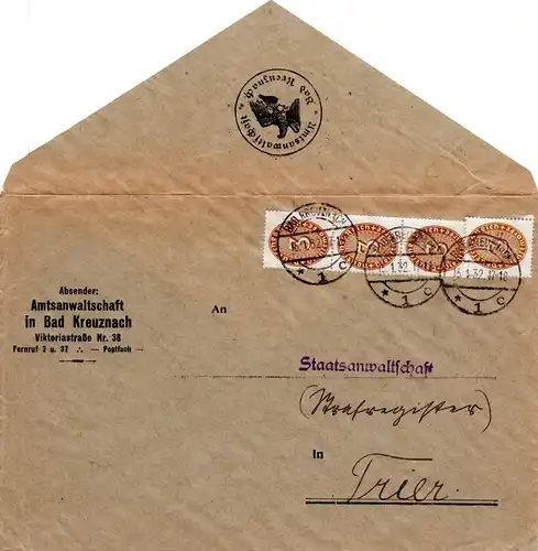 DR 1932, MeF 4x3 Pf. auf Brief v. Bad Kreuznach n. Trier
