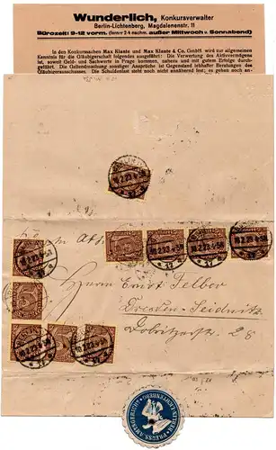 DR 1923, MeF Massenfrankatur 10x5 Mk. vorder-u. rs. auf Brief v. Berlin