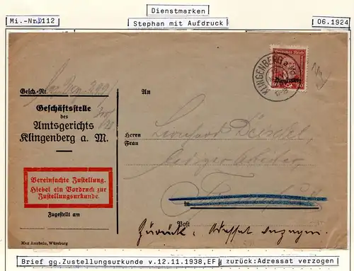 DR 1928, EF 60 Pf. Dienst auf Zustellungsurkunde Brief v. Klingenberg a. Main