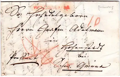 Württemberg 1843, L1 PFULLENDORF (in rot) auf Porto Brief m. Vermerk "Pressant"