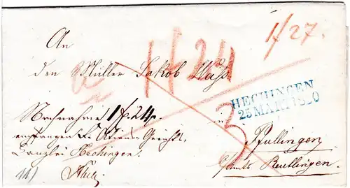 Württemberg 1850, L2 HECHINGEN in blau auf Nachnahme Brief n. Pfullingen.