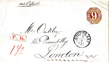 Württemberg 1872, 9 Kr, Ganzsache Brief m. rotem R1 P.D. v. Stuttgart n. GB.