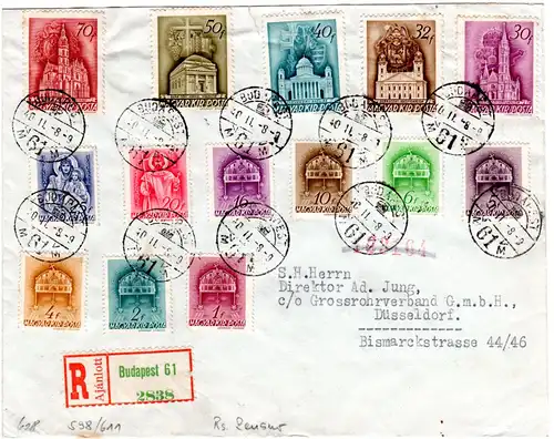 Ungarn 1940, kpl Ausgabe auf Einschreiben Zensur Brief v. Budapest n. Düsseldorf