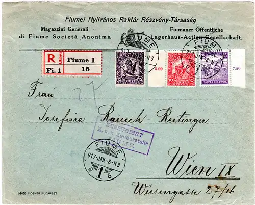 Ungarn 1917, 15+10+15 F. auf Einschreiben Zensur Brief v. Fiume n. Österreich.