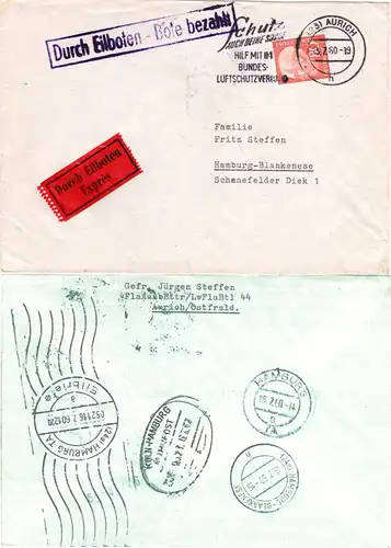 BRD 1960, EF 80 Pf. auf Express Brief v. Aurich m. rücks. Hamburg Rohrpost Stpl.
