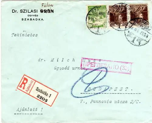 Ungarn 1918, MiF 5+2x20 F. auf Reko Brief v. Szabadka m. Serbien Zensur