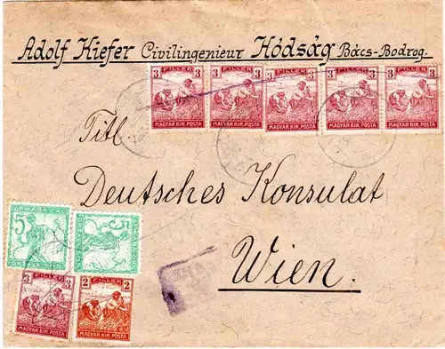 Serbien Ungarn 1920, MiF. 2+6x3 F.+2x5 V. Slowenien auf Zensur Brief v. Hodsag