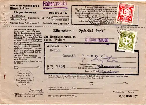 Böhmen und Mähren 1943, frankierter Rückschein m. 1,20+3 K. v. Hohenmauth