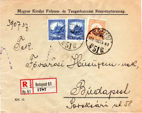 Ungarn 1928, 3+2x10 F. auf Orts-Einschreiben Brief v. Budapest