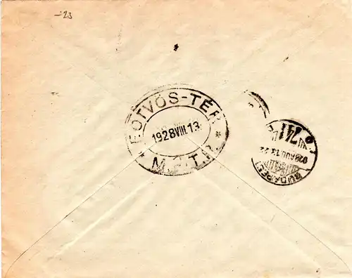 Ungarn 1928, 3+2x10 F. auf Orts-Einschreiben Brief v. Budapest