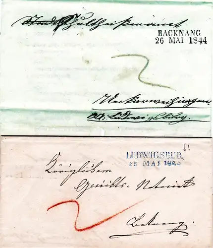 Württemberg 1844, blauer L2 Ludwigsburg (ohne G) auf 2x verwendetem Brief 