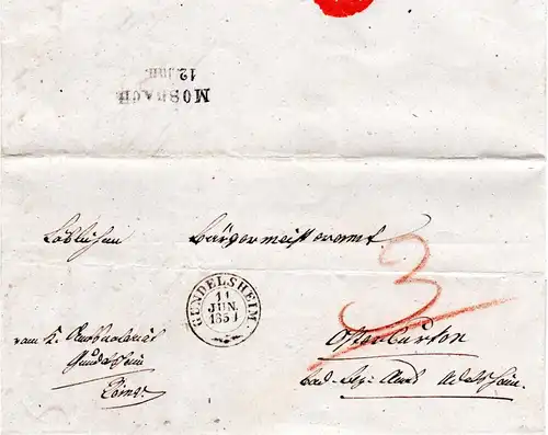 Württemberg 1851, K2 GUNDELSHEIM u. rs. L2 Mosbach auf Porto Brief 