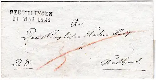 Württemberg 1825, L2 REUTTLINGEN auf schönem Brief n. Stuttgart