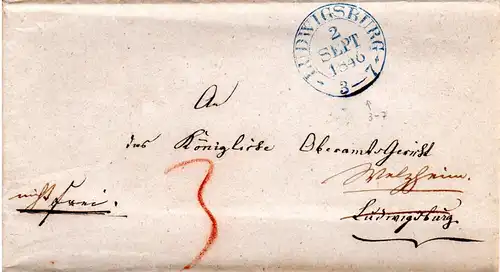 Württemberg 1846, Welzheim u. Ludwigsburg in blau auf 2mal verwendetem Faltbrief