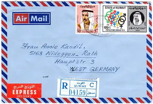 Kuwait 1975, 90+100 F.  auf Luftpost Einschreiben Express Brief n. Deutschland.