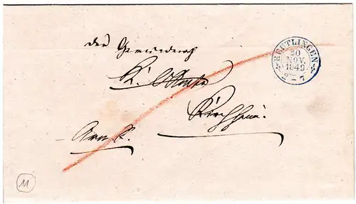 Württemberg 1849, blauer Zier-K2 REUTLINGEN auf Brief n. Kirchheim
