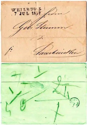Thurn & Taxis 1837, L2 Weilburg auf Franko Brief n. Saarbrücken