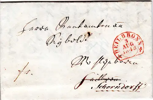 Württemberg 1848, roter Steigbügelstpl. HEILBRONN auf Frankobrief n. Schorndorf
