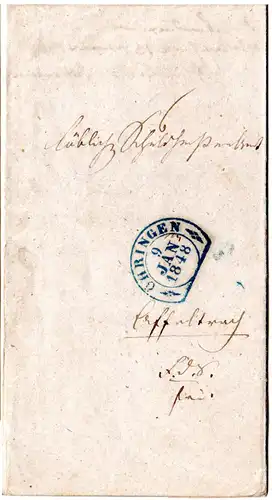 Württemberg 1848, blauer Steigbügelstpl. ÖHRINGEN auf Frankobrief n. Affaltrach