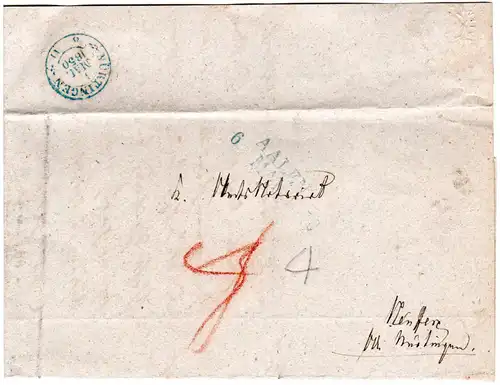 Württemberg 1850, grünblauer L2 AALEN auf Portobrief n. Neuffen OA Nürtingen