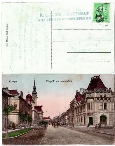 Slowakei/Ungarn, Eperjes, Püspöki és Postapalota, 1915 gebr. Farb-AK m. Zensur