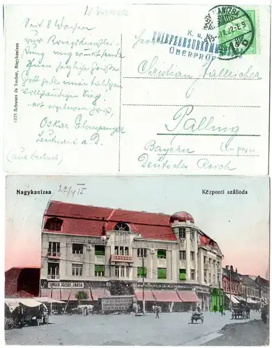Ungarn, Nagykanizsa, Központi szalloda, 1916 gebr. Farb-AK m. Zensur