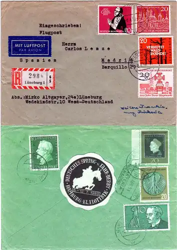 BRD 1959, 8 Marken u. Vignette auf Luftpost Reko Brief v. Lüneburg n. Spanien