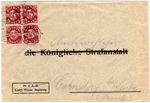 DR 1922, MeF 4er-Block 3 Mk. Dienst auf  Brief v. Cassel n. Cahnsdorf b. Luckau