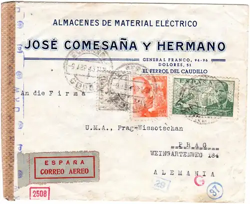 Spanien 1943, 2P.+5+60 C. auf Luftpost Zensur Brief v. El Ferrol n. Prag