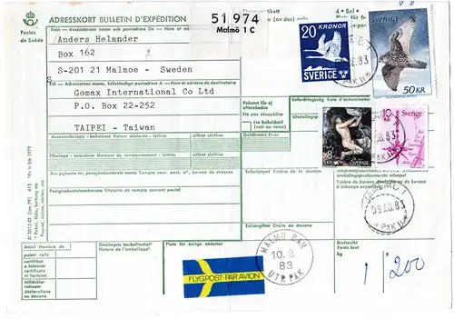 Schweden 1983, 50+20+10+8 Kr. auf Luftpost Paketkarte v. Malmö n. Taiwan