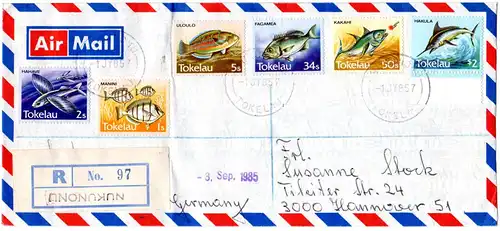 Tokelau 1985, 6 Werte Fische (inkl. 2$) auf Einschreiben Brief n. Deutschland