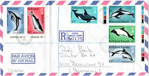 Falkland Inseln 1980, 6 Werte Delphine, kpl. Satz auf Reko Brief n. Deutschland