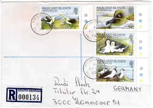 Falkland Inseln Gebiete 1985, 4 Werte Albatrosse kpl. auf R-Brief n. Deutschland