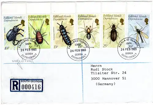 Falkland Inseln Gebiete 1983, 6 Werte Insekten + Spinnen kpl. auf R-Brief n. Dt.