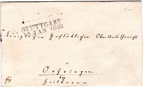 Württemberg 1840, L2 STUTTGART (43 mm, oben Rahmen) auf Franko Brief n. Öhringen