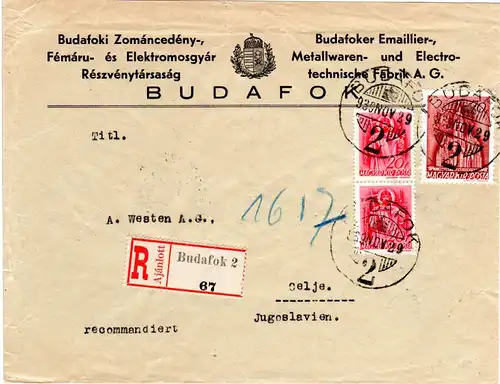 Ungarn 1939, 70+2x20 F. auf Einschreiben Brief v. Budafok n. Jugoslawien