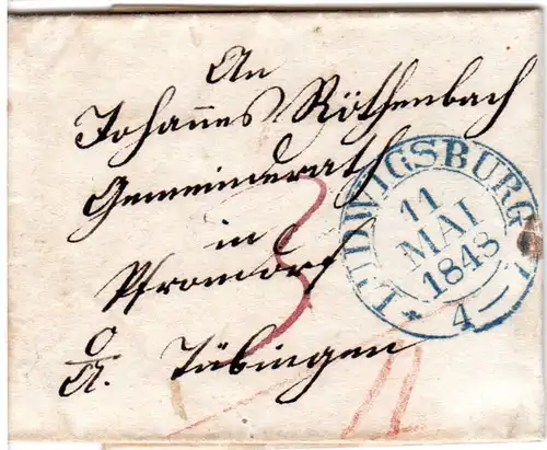 Württemberg 1848, K2 LUDWIGSBURG auf Porto Brief n. Pfrondorf OA Tübingen