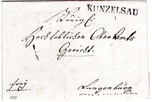 Württemberg 1839, L1 KÜNZELSAU klar auf Franko Brief v. Internhof n. Langenburg