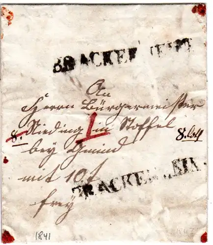 Württemberg 1841, L1 BRACKENHEIM auf Franko Wert Brief n. Stoffel b. Gmünd